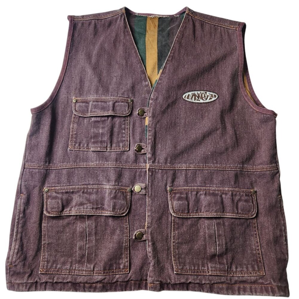 Rare Vintage 90s UMEN Purple Colored Denim Vest Hippie Utility Pockets Size XL